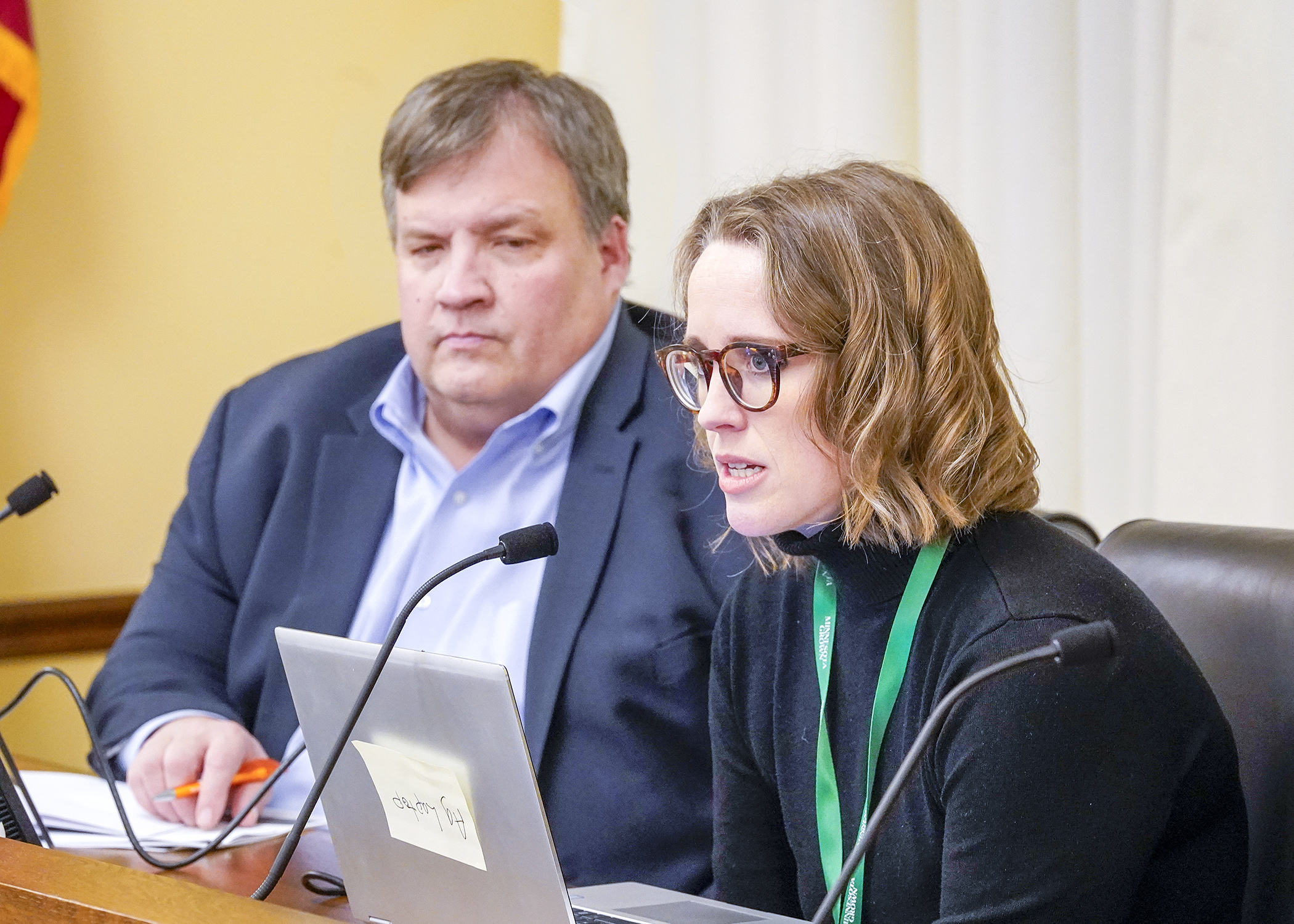 Agriculture Commissioner Thom Petersen, left, and Deputy Commissioner Andrea Vaubel present the agricultural portion of the governor’s budget proposal to the House Agriculture Finance and Policy Committee, Jan. 24. (Photo by Andrew VonBank)